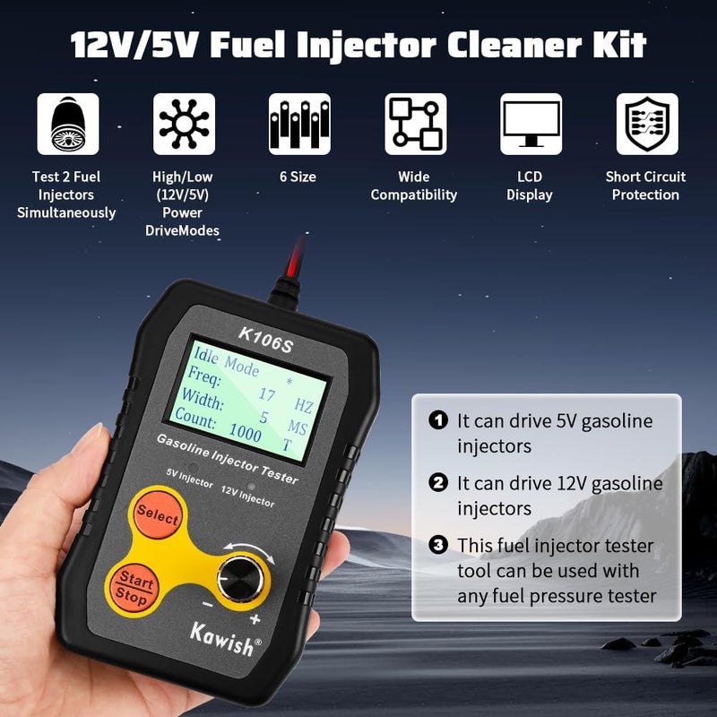 Kawish Universal Fuel Injector Tester and Cleaner Tool, DIY Cleaning Tool Kit for PWM, Adjustable Pulse Width Freq & Count, Two Injectors Test Simultaneously with 5 Modes, 6 Size Cleaning Adapters - Image 2